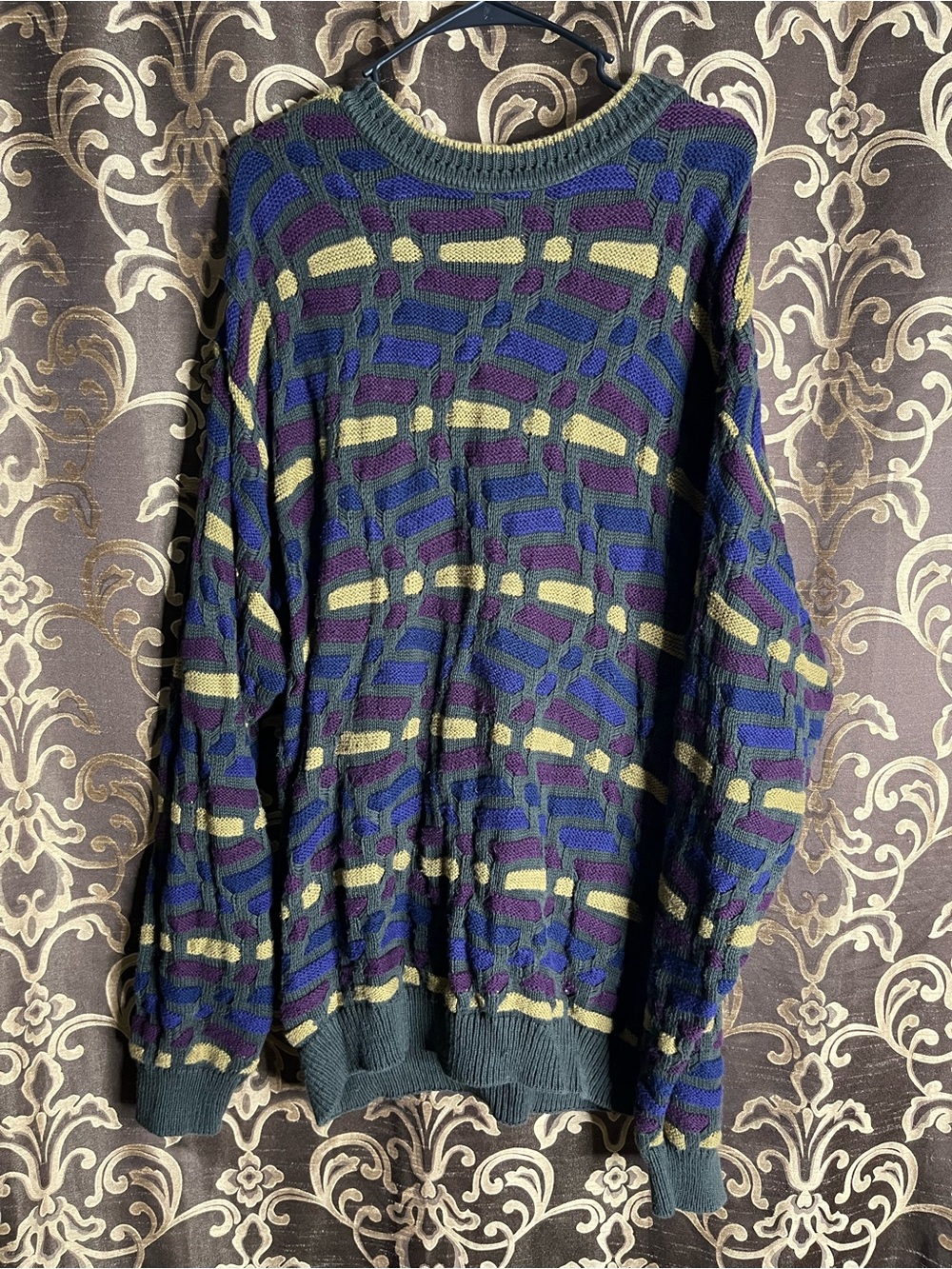 Old Glory Crewneck Sweater in Blue, Purple & Yellow-Green Pattern